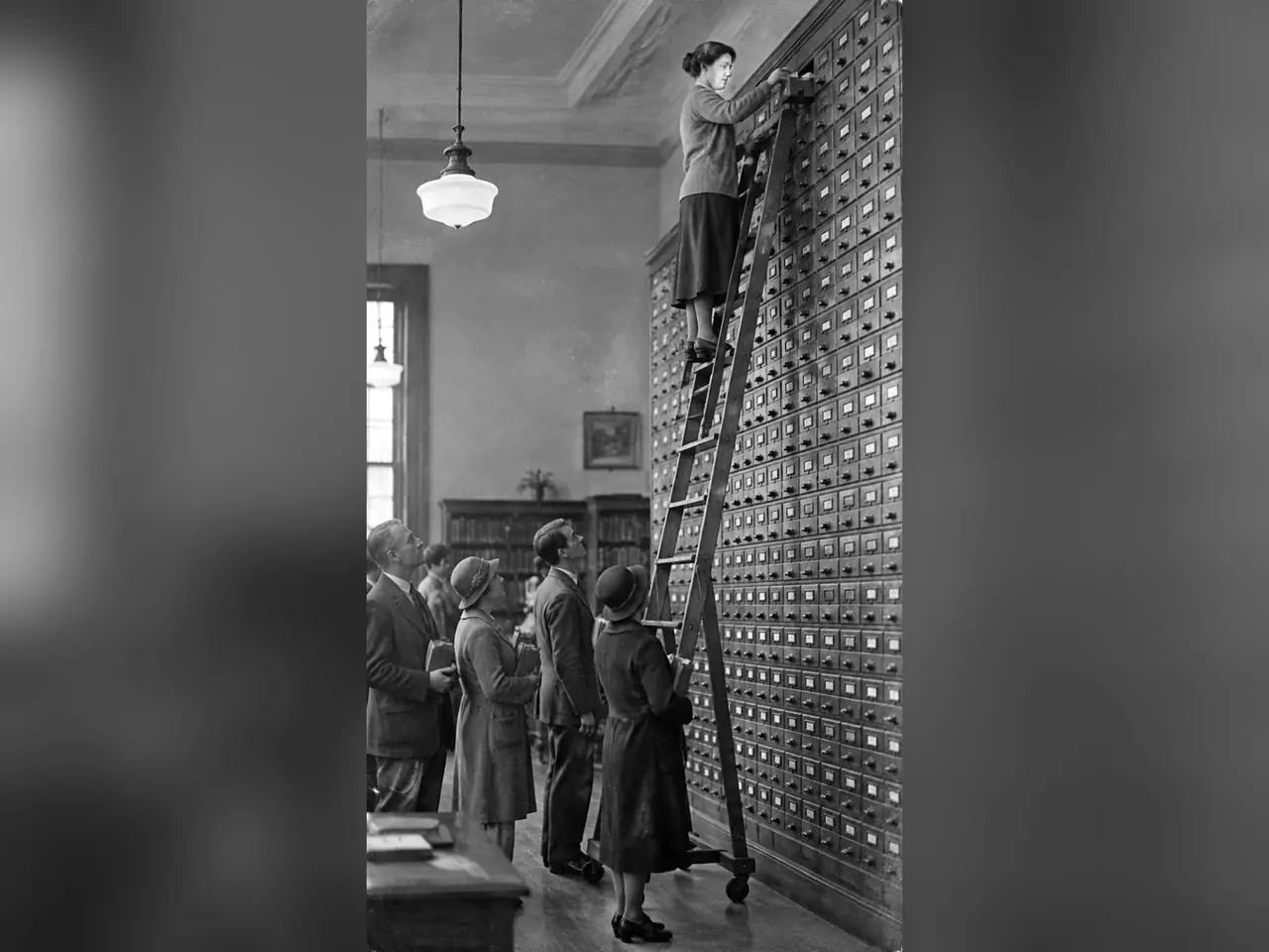 Библиотекарь на лестнице под потолок, внизу очередь