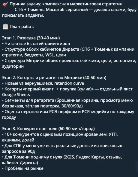 План работ, который агент составил сам: разведка, когорты и ретаргет, конкурентное поле